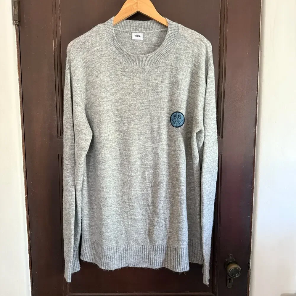 EDWIN Jeans | Heather Gray Melange Crewneck Sweater with Patch | Small
